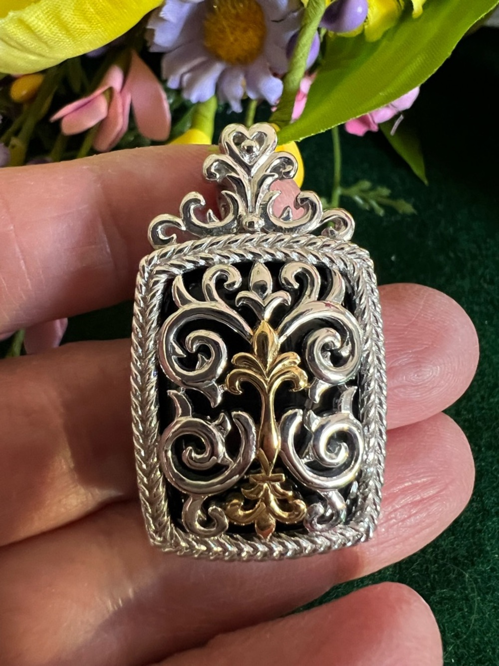 Ornate Filigree Pendant/Enhancer Silver & Gold Tones - Picture 13 of 13